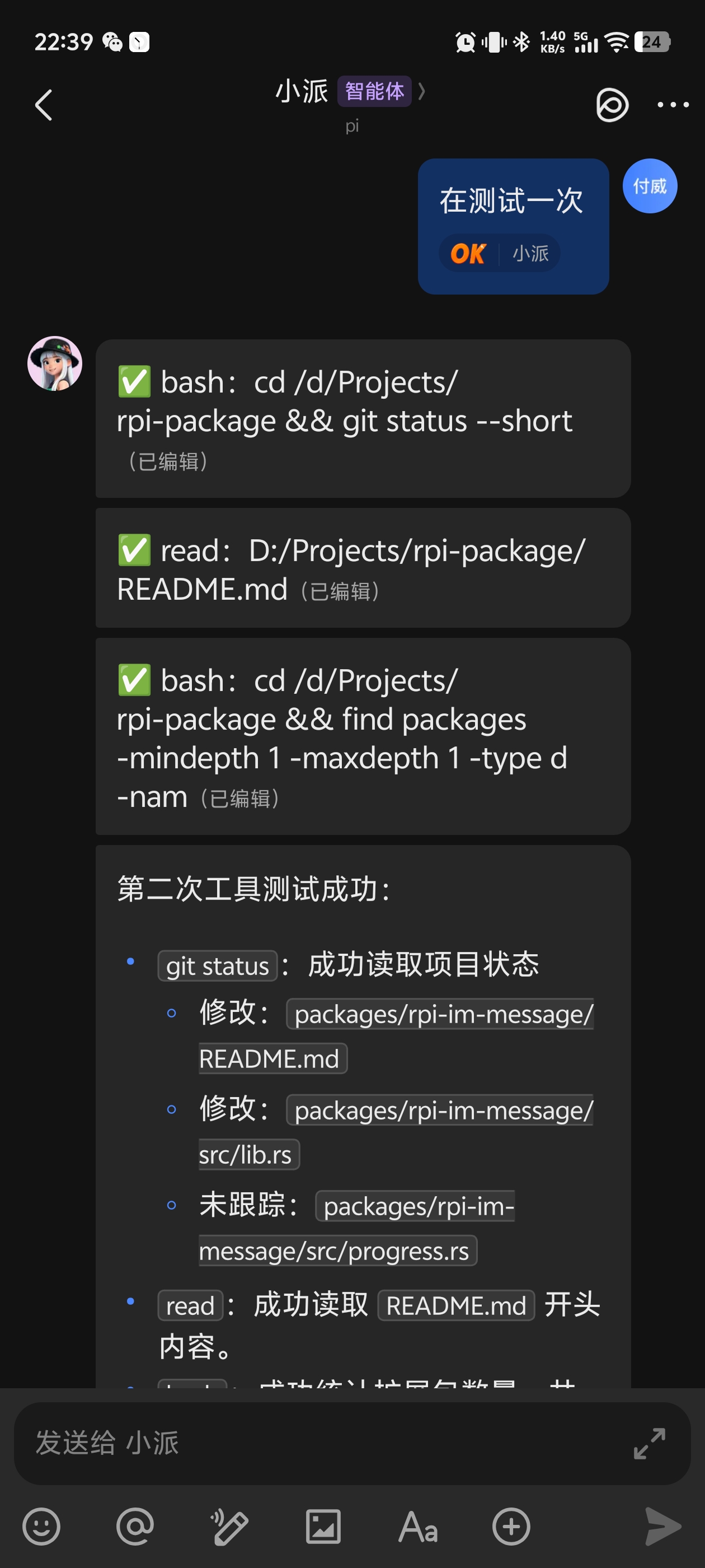 rpi Agent 在飞书中回复消息的实际截图